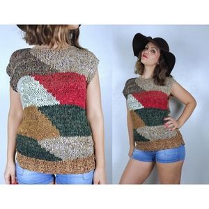vintage 80s WOVEN LEATHER Earth Tones TOP Small colorblocked sweater geometric